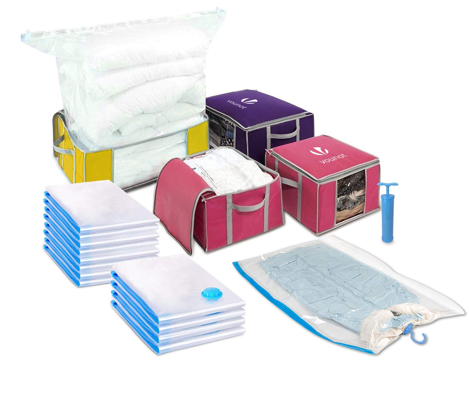 VOUNOT 4 pack Storage Bags with Zips and Handles for Duvets, Clothes, Bedding, 17 pack Vacuum Bags wiht Pump, Multiple Size