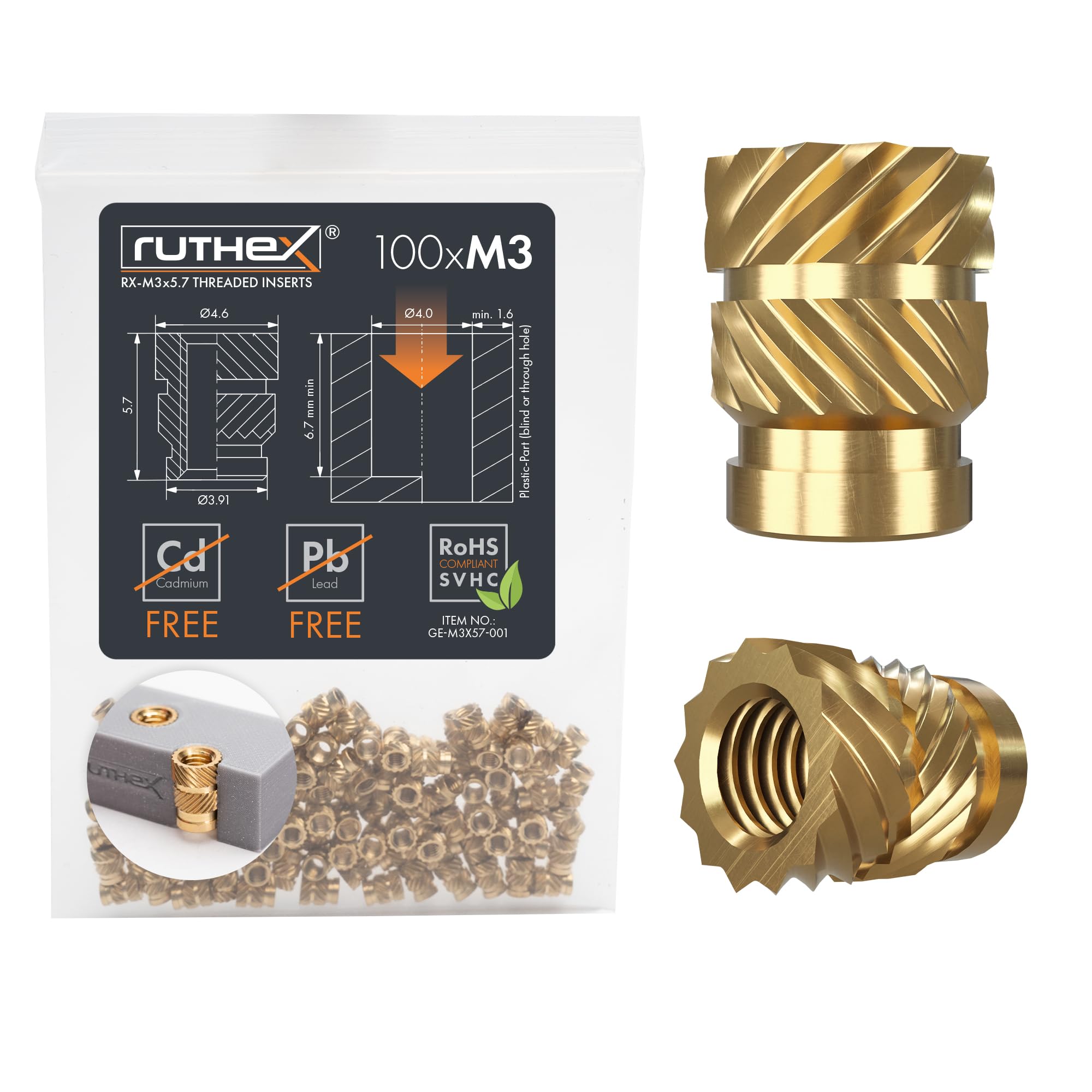 ruthex threaded Insert M3 (100 pieces) - RX-M3x5.7- brass threaded sockets - press-fit nut for plastic parts - by heat or ultrasound in 3D printer parts
