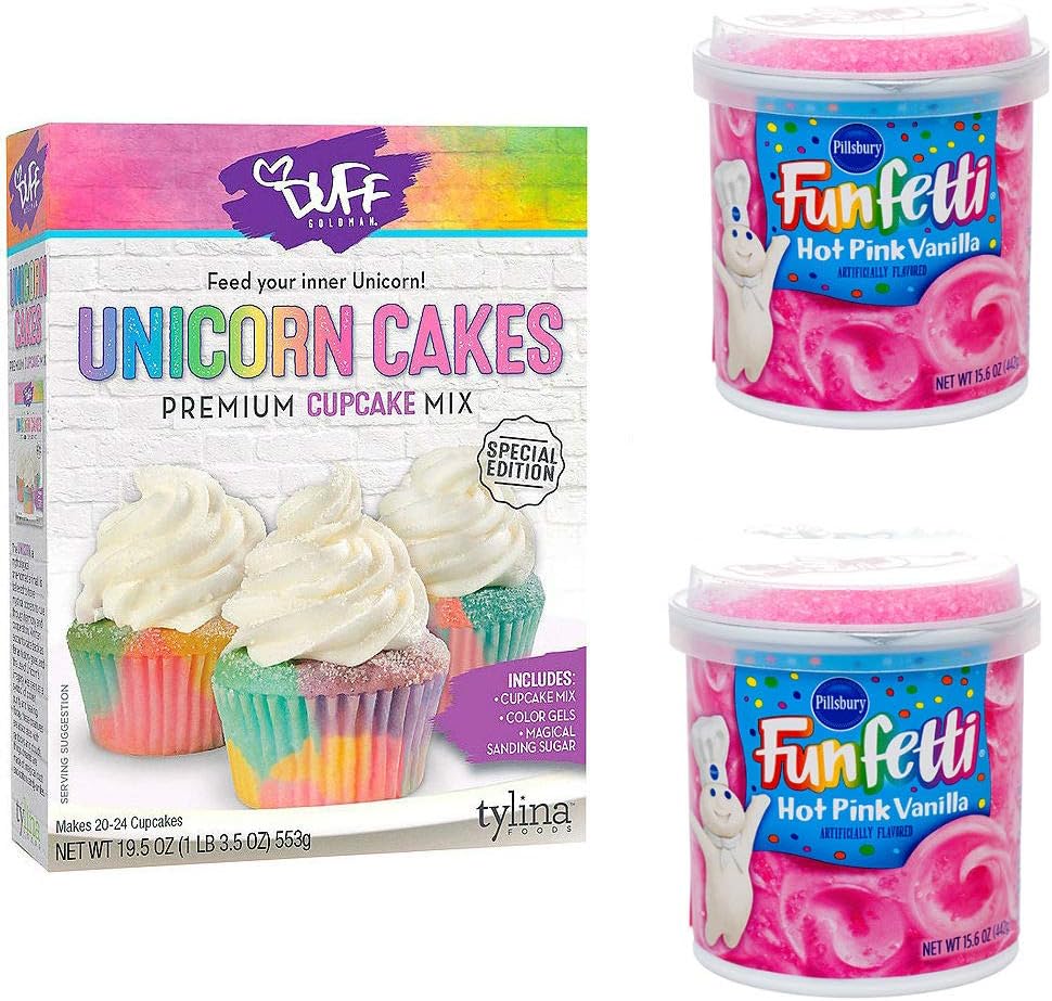Unicorn Birthday Cupcake Mix and 2 cans Pink Frosting Bundle of 3 items