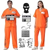 Owurha Prisoner Costume Men Women Orange Prison Inmate Outfit Adult Jail Costume Halloween Prisoner Uniform Set