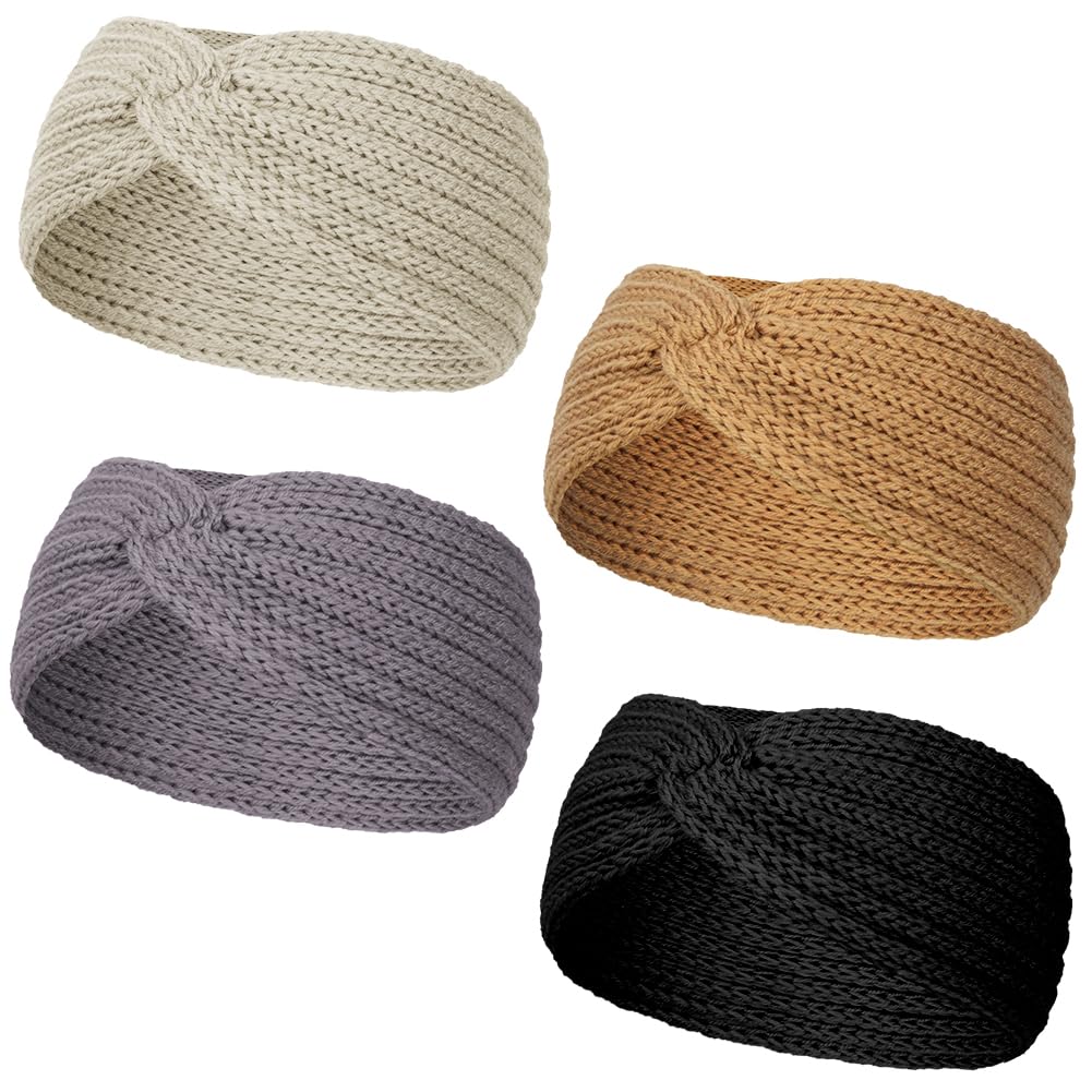 LOPHE Winter Headbands,4 Pcs Knitted Ear Warmers Headbands, Thermal Soft Cable Knit Head Wrap for Women, Warm Twist Design for Sports Skiing Running and Daily Winter Use