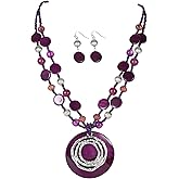 Rosslyons Multilayered Strand Statement Necklaces Set for Women Big Circle Shell Pendant Necklace with Colorful Beaded Chunky Choker Necklace and Earrings.
