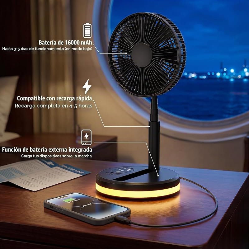 Ventilador de chão portátil dobrável e oscilante - 7,8" 16000mAh Ventoinhas de mesa pequenas USB C com comando remoto, Ventoinha Silent Pedestal para viagens em escritório de sono em casa