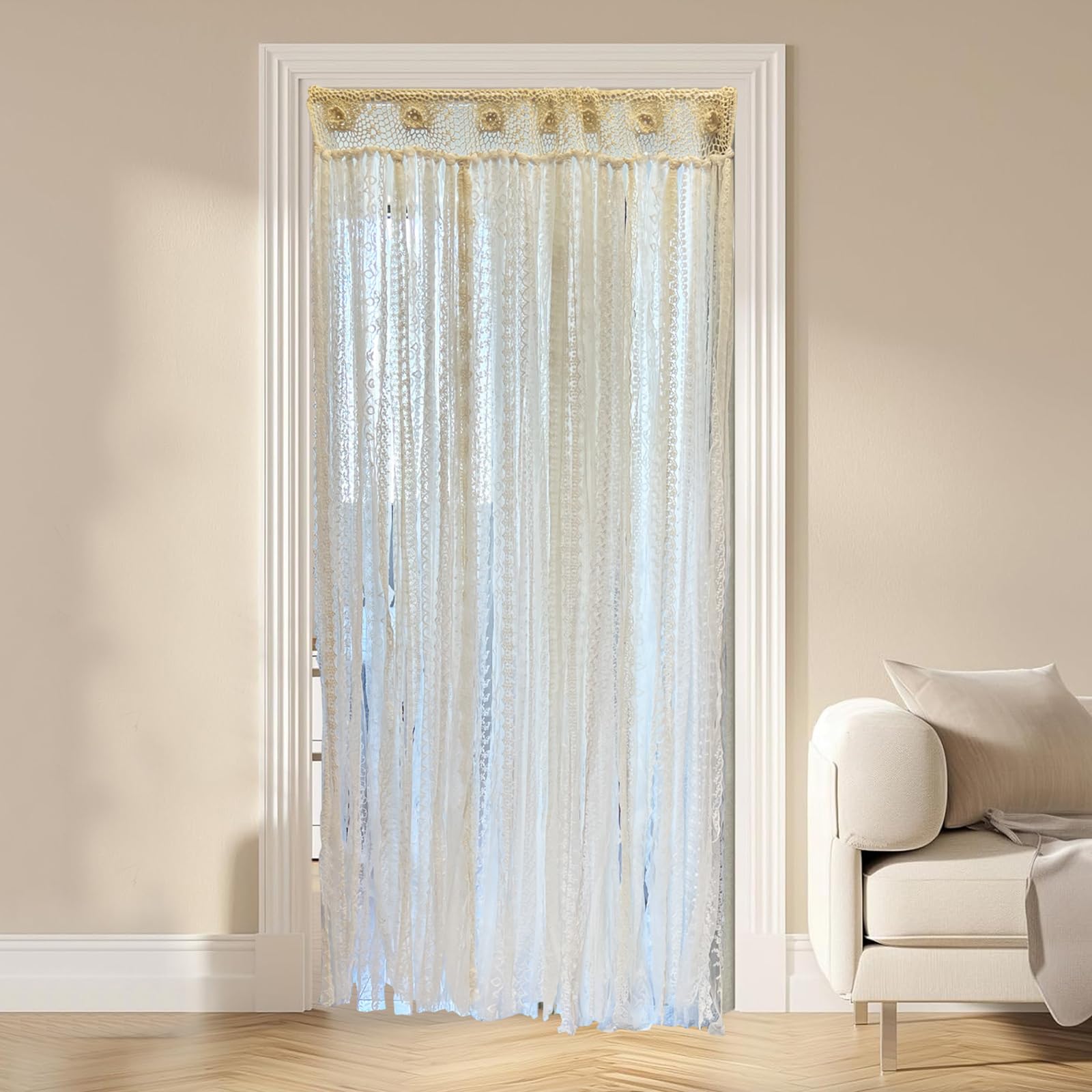 Photo 1 of Lace Closet Curtain for Open Closet Boho Macrame Cotton Doorway Curtain Privacy Room Divider Curtain for Bedroom Kitchen Bathroom Wedding Backdrop Wall Hanging Bohemian Decor 40" W x 72" L Cream