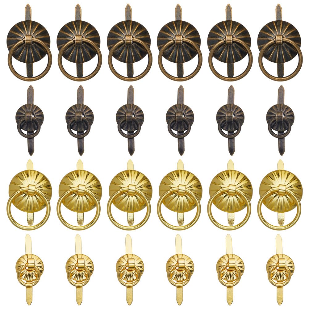 GORGECRAFT 40PCS 4 Styles Metal Brad Fasteners Small Ring Pulls Flower Handle Rings Mini Brad Paper Fastener for Decorative Jewelry Box Chest Drawer Cabinet Mini Journals Storage Decoration