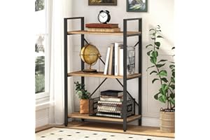 BON AUGURE Industrial 3 Tier Bookshelf, Rustic Small Book Shelves for Small Spaces, Short Wood Metal Etagere Bookcase for Living Room, Bedroom and Office (Vintage Oak)