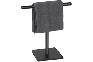 DUKWIN Hand Towel Holder, SUS304 Stainless Steel Hand Towel Stand T-Shaped Matte Black Freestanding Rack for Bathroom Kitchen Countertop with Square Base