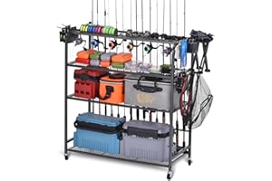 Lezbanz Heavy Duty Fishing Rod Rack, Fishing Organizer for Garage, Fishing Gear Holder for Garage with Movable Wheels