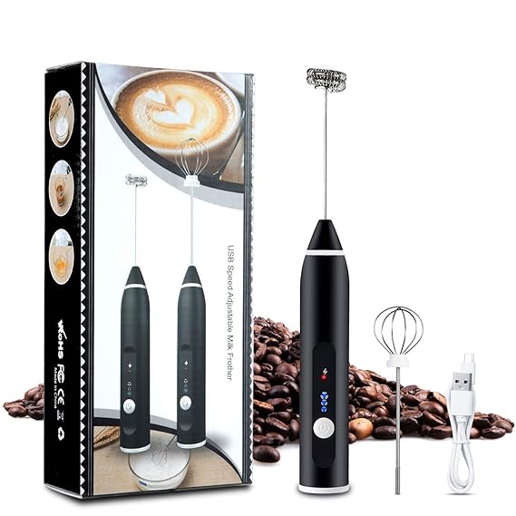 amiciKart Milk Frother Rechargeable Handheld 3-Speed Adjustable For Latte Coffee Cappuccino