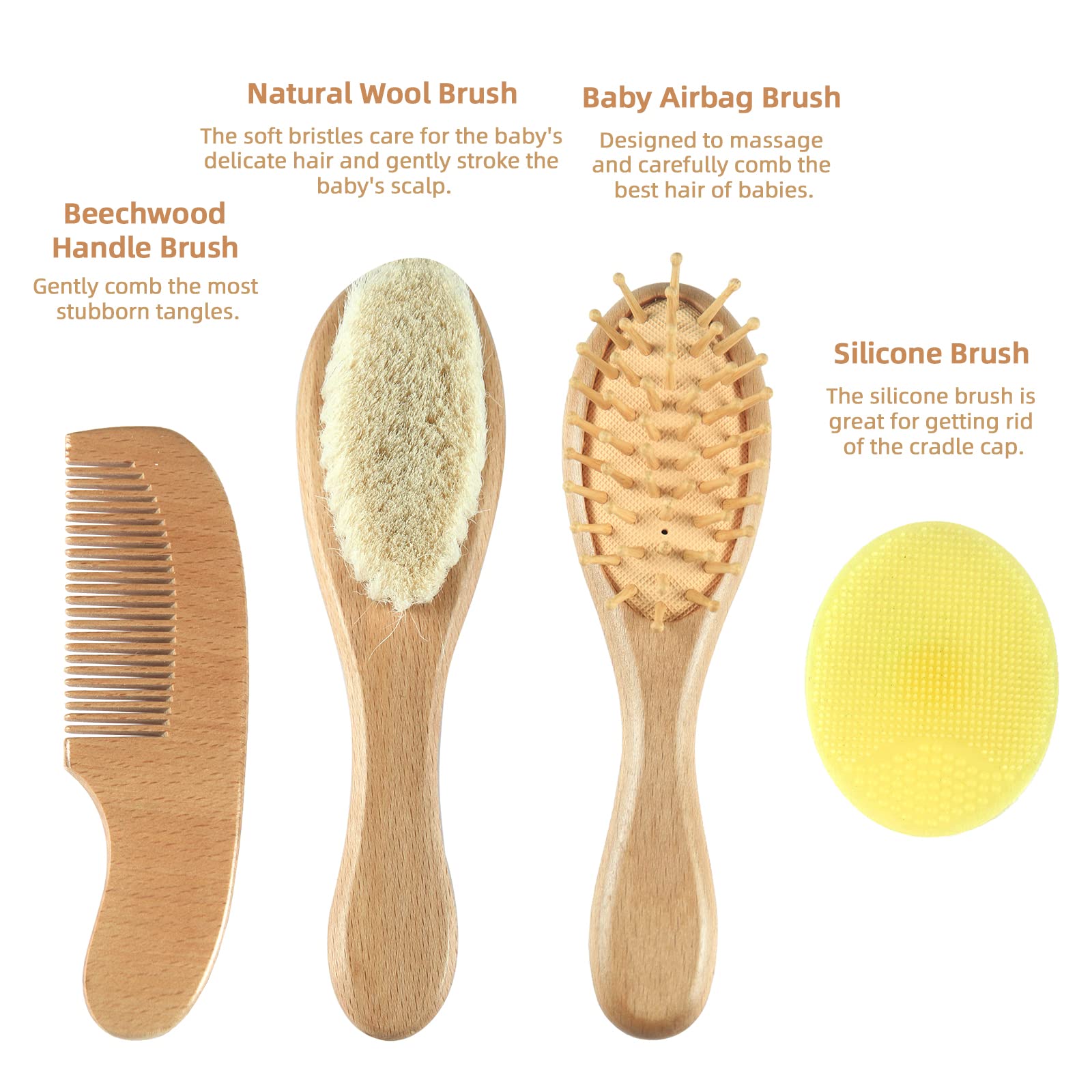 Baby Hair Brush and Comb Set (4-Piece) for Newborn - Wooden Baby Hairbrush Set，A Beechwood Brush, Baby Airbag Brush, Beech Handle Brush, and Prevent Cradle Cap Silicone Brush - Ideal Registry Gift