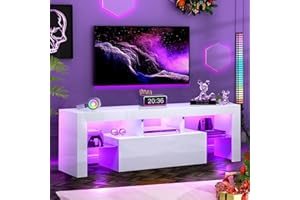 HOUAGI LED TV Stand for Televisions up to 55 Inchs,Modern Entertainment Center with Storage Drawer and Glass Shelf, TV Console Table for Living Room,Bedroom,White