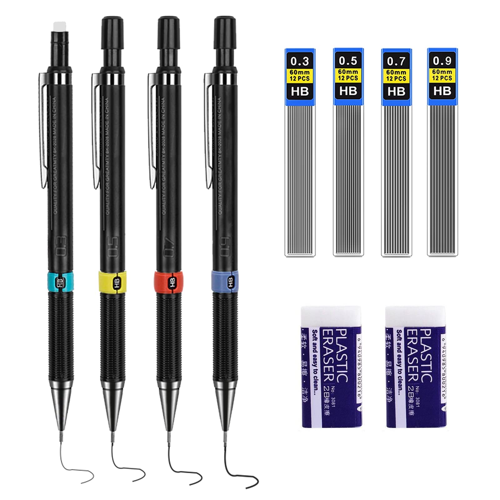 Fantasyon 4pcs Mechanical Pencil Set 0.3 0.5 0.7 0.9mm HB Automatic Retractable Lead with 4 Refills and 2 Rubbers Propelling for Students Sketching,Drawing, (Z-3572)