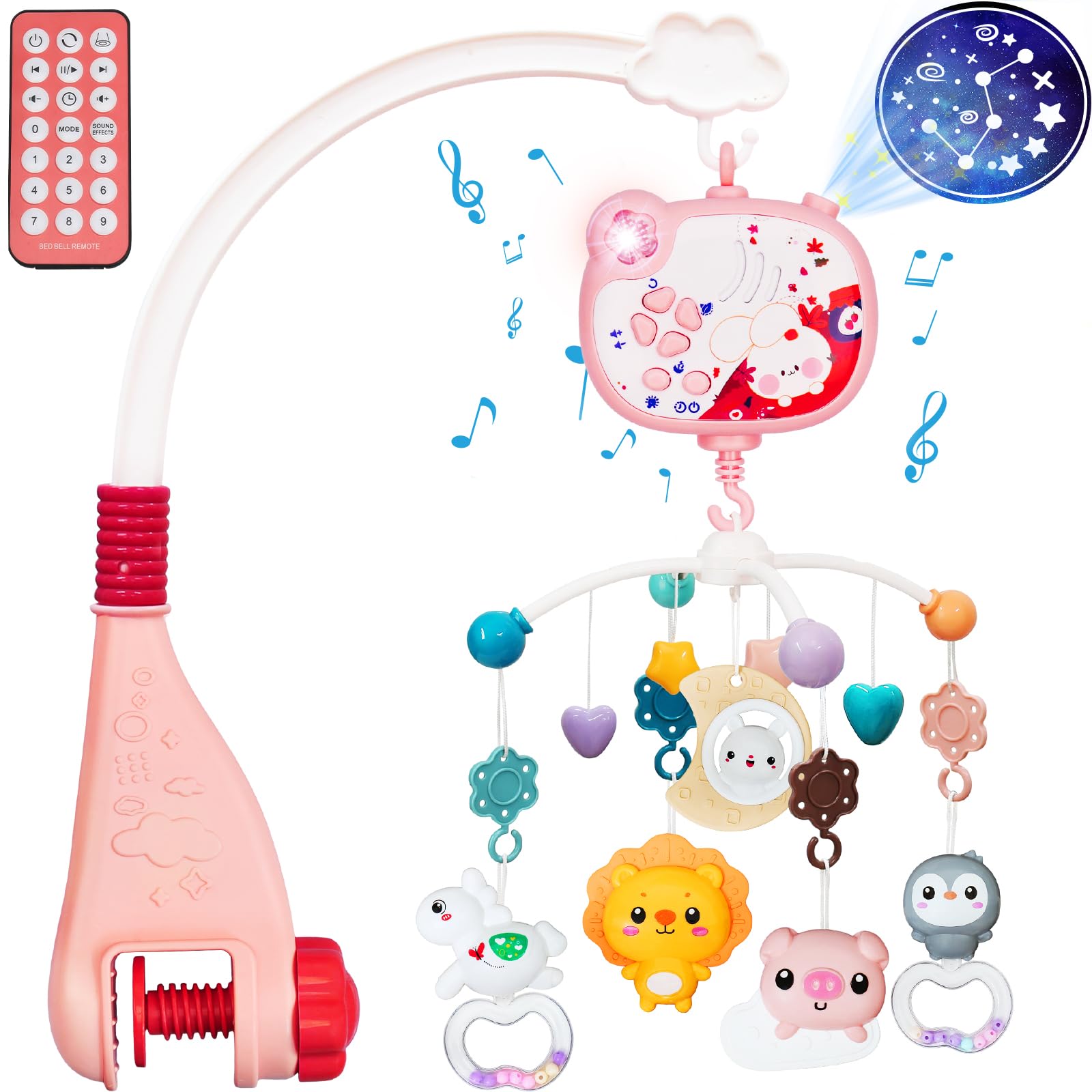 Photo 1 of Baby Mobile for Crib with Music and Night Lights,Hanging Crib Mobile for Bassinet with Rotation,Projection,Remote Control,Babies Crib Toys for Nursery Newborn Infant Boys Girls (Pink)