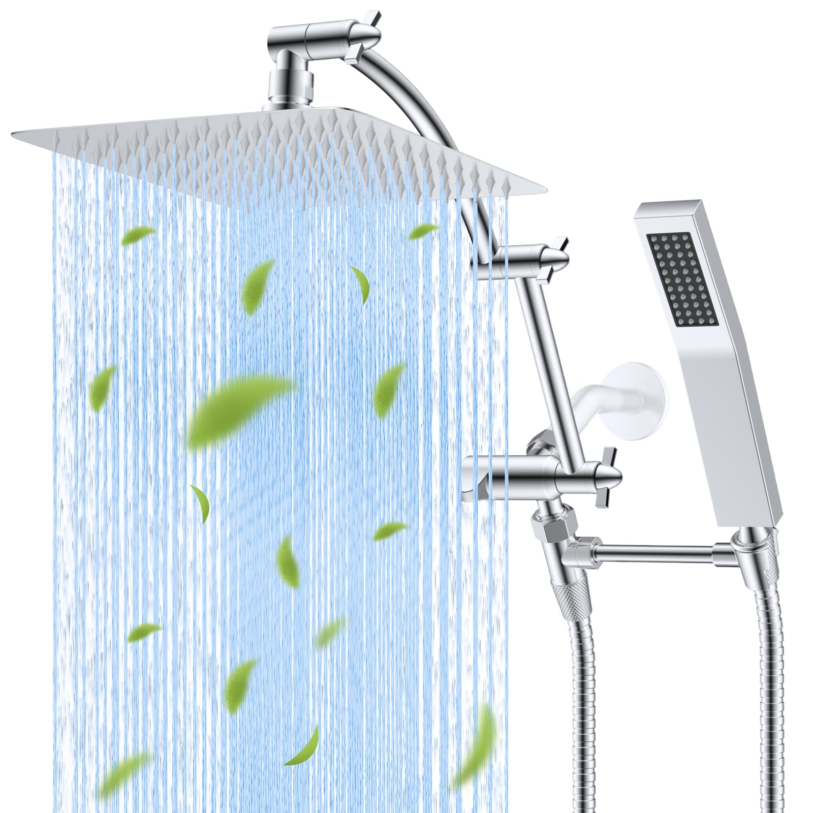 Photo 1 of Hibbent All Metal 10'' Rainfall Shower Head, Dual Shower Head Combo, High Pressure Handheld Shower Wand, 16'' Adjustable Arc-shaped Shower Extension Arm, 71'' Hose, Showerhead Holder, Chrome