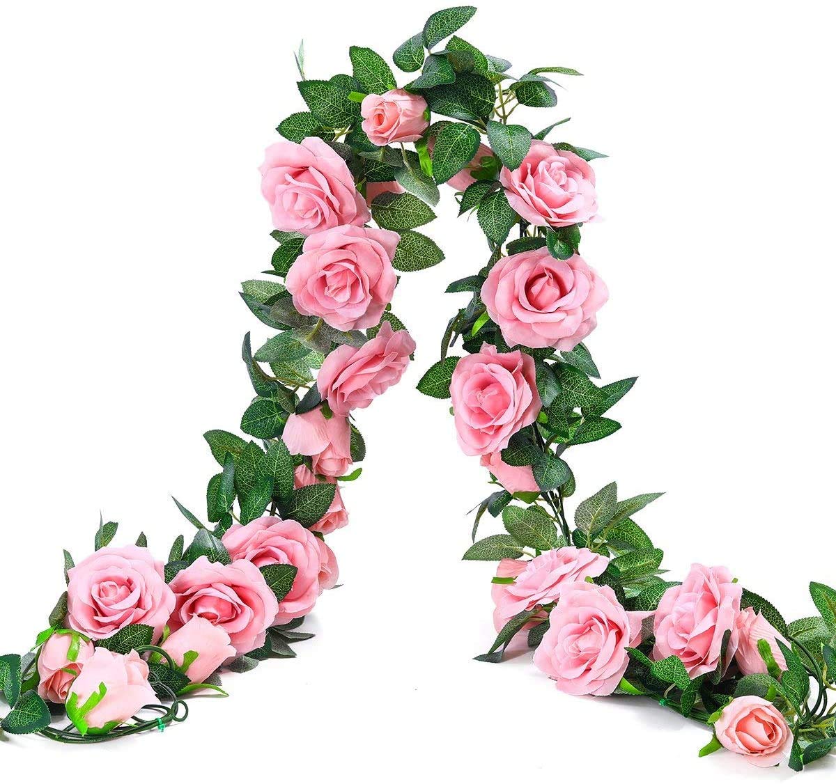 Ruiuzioong Artificial Rose Vines,Fake Rose Garland Silk Flowers Hanging Artificial Plants for Hotel Wedding Home Party Garden Craft Art Arch Arrangement Decoration (Pink, 2pcs - 9Flowers)