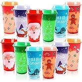 12pcs Christmas Color Changing Hot Cups with Lids, 16Oz Plastic Reusable Hot Coffee Cups for Adults Kids Winter Christmas Holiday Birthday Party Cups Tumblers