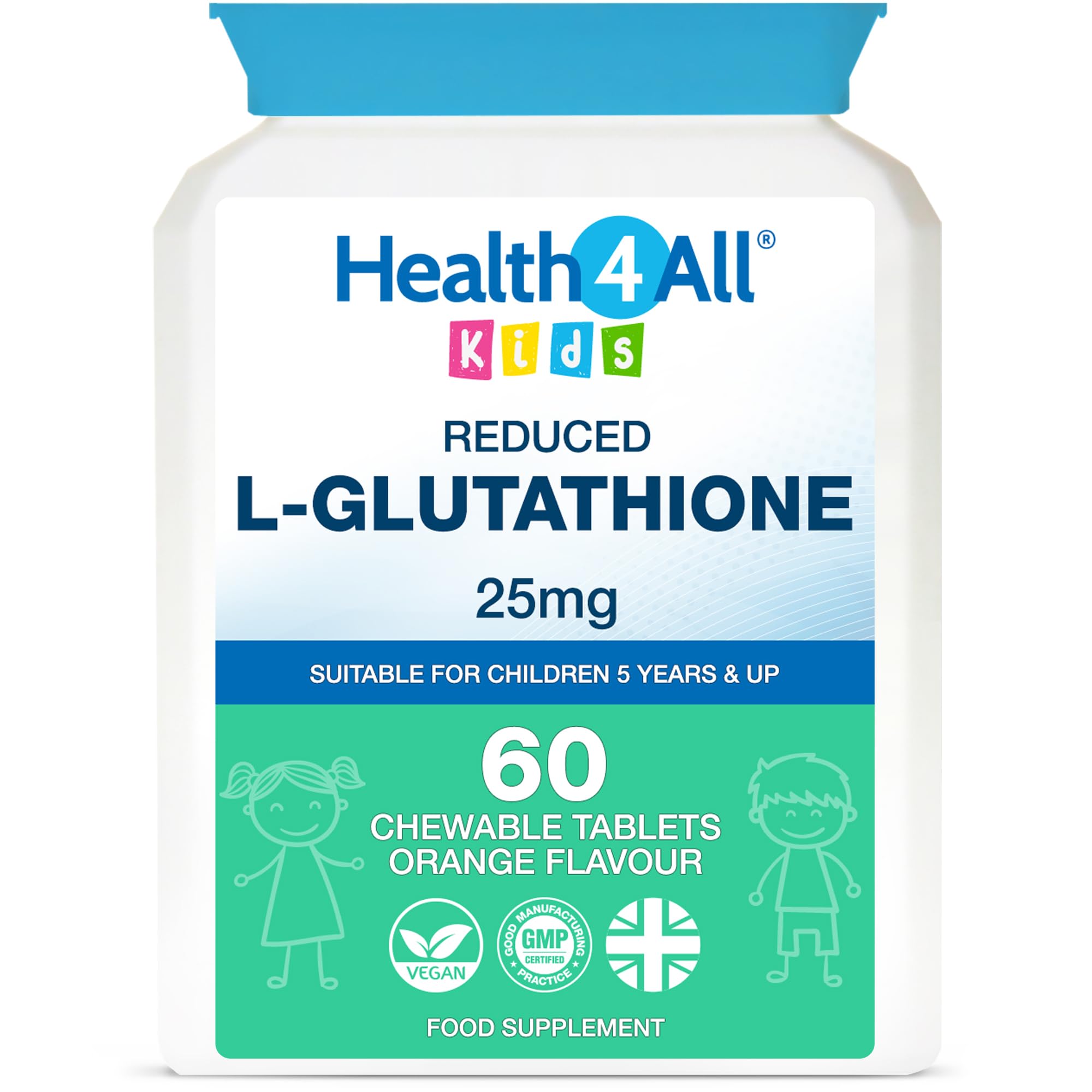 Health4All Kids L-Glutathione 25mg 60 Chewable Tablets, Reduced Glutathione (GSH) Antioxidant and Detox Support Supplement for Children 5+, Natural Vegan Orange Flavour, Sugar-Free | Made in UK