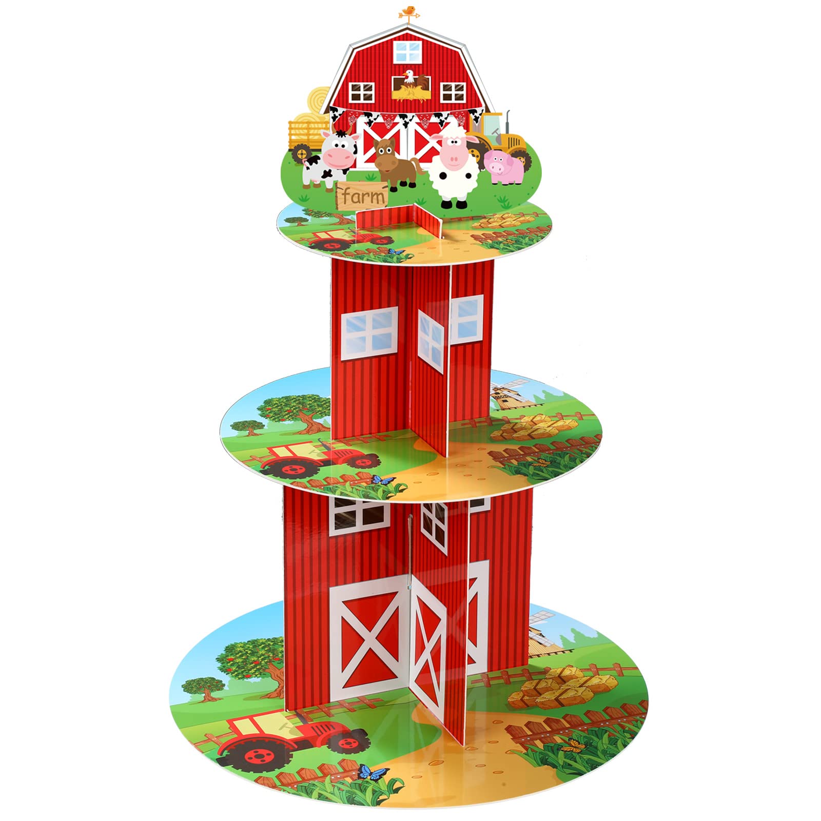 Photo 1 of Zopeal Farm Cupcake Stand 3 Tier Farm Theme Animal Cup Cake Holder Stand Cardboard Farmhouse Dessert Tower Round Barnyard Pastry Serving Platter for Party Supply Birthday Baby Shower Party Decoration