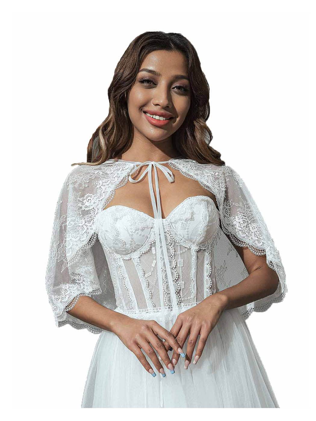 Unicra Evening Lace Dress Cape Wedding Bolero Shrugs Jacket White Lace Bridal Crop Top Cape for Women and Bridesmaid（S，38）