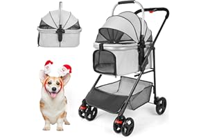 Wedyvko 3-in-1 Dog Stroller for Small Medium Dogs, Pet Stroller with Detachable Carrier and Car Seat, Secure Clasp, Gray