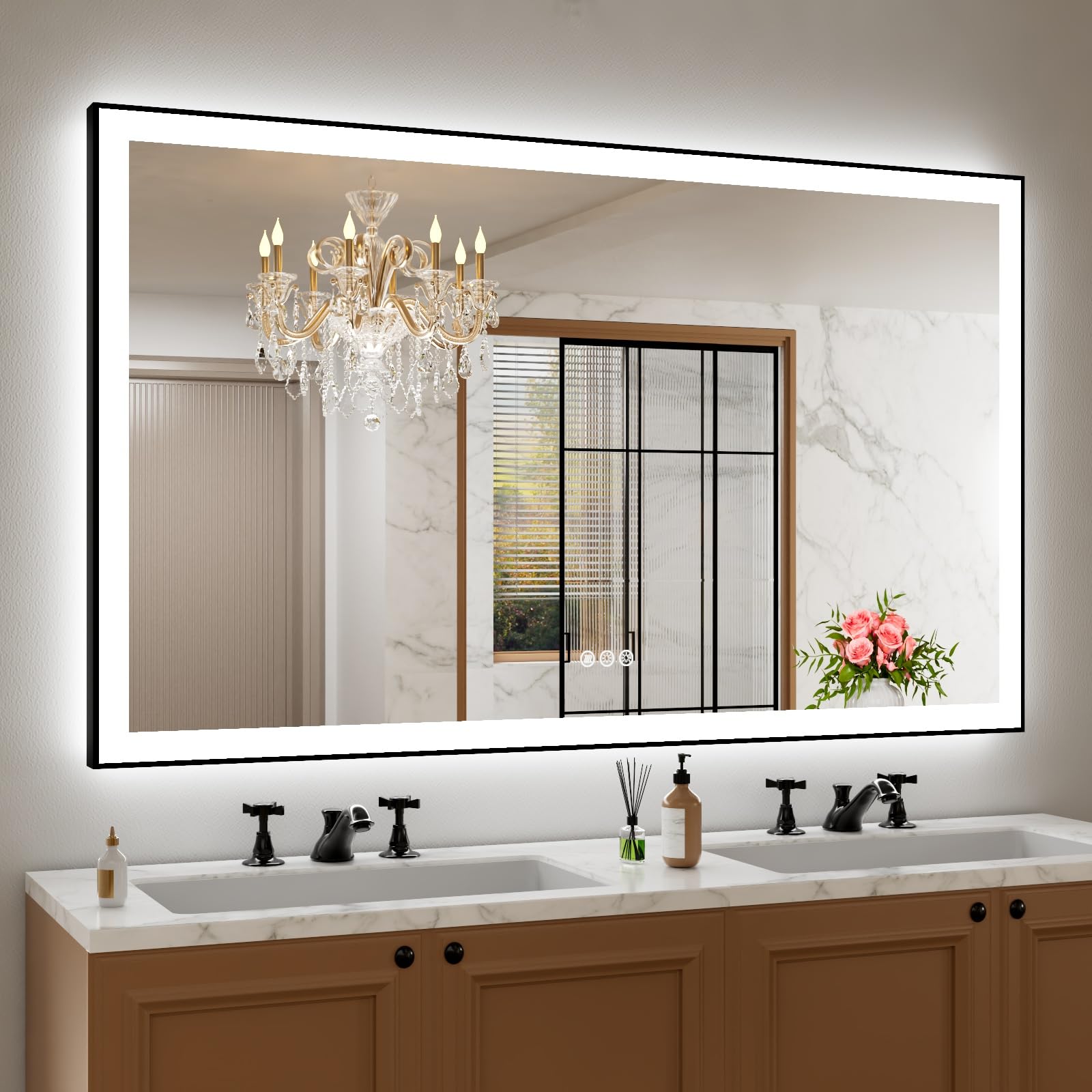Photo 1 of Amorho 60" X36" LED Bathroom Mirror with Black Frame, Front Light and Backlit(Controlled Separately), Stepless Dimmable, Anti-Fog, Shatter-Proof, 3 Colors, Memory