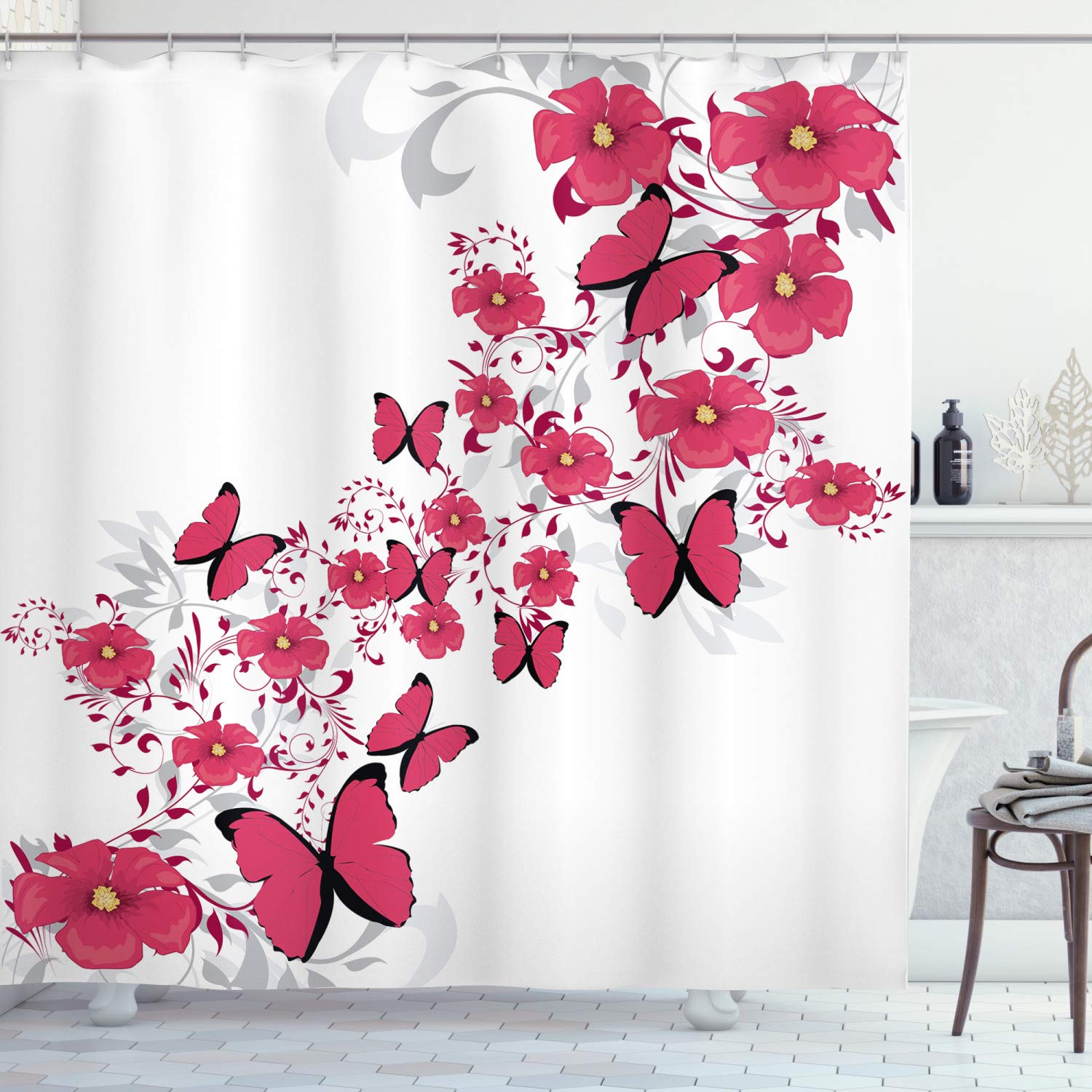 ABAKUHAUS Pink and White Shower Curtain, Flowers and Butterflies in an Abstract Romantic Composition, Cloth Fabric Bathroom Decor Set with Hooks, 78" Inches, Dark Coral Pale Grey