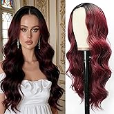 Halcyon Long Wine Red Wavy Wigs for Women 26 Inch Ombre Burgundy Wigs Natural Looking Synthetic Heat Resistant Fiber Curly Wavy Wig for Daily Party Use