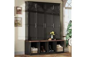 Merax Hall Tree with Entryway Bench and Shoe Cabinet, Multi-Functional Seating Bench with 4 Hanging Hooks and 8 Doors, Black