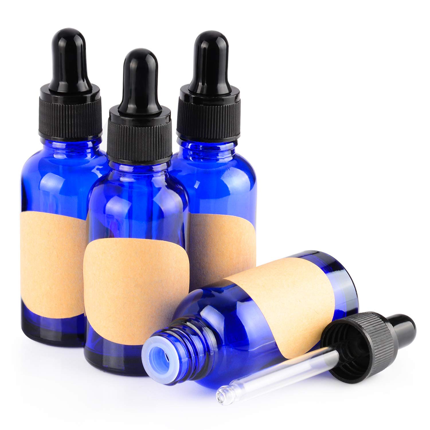 stonylab 4-Pack Glass Dropper Bottle, Empty Bottle with Glass Dropper, Inner Plug and Label for Laboratory Solutions (30 ml, Blue)