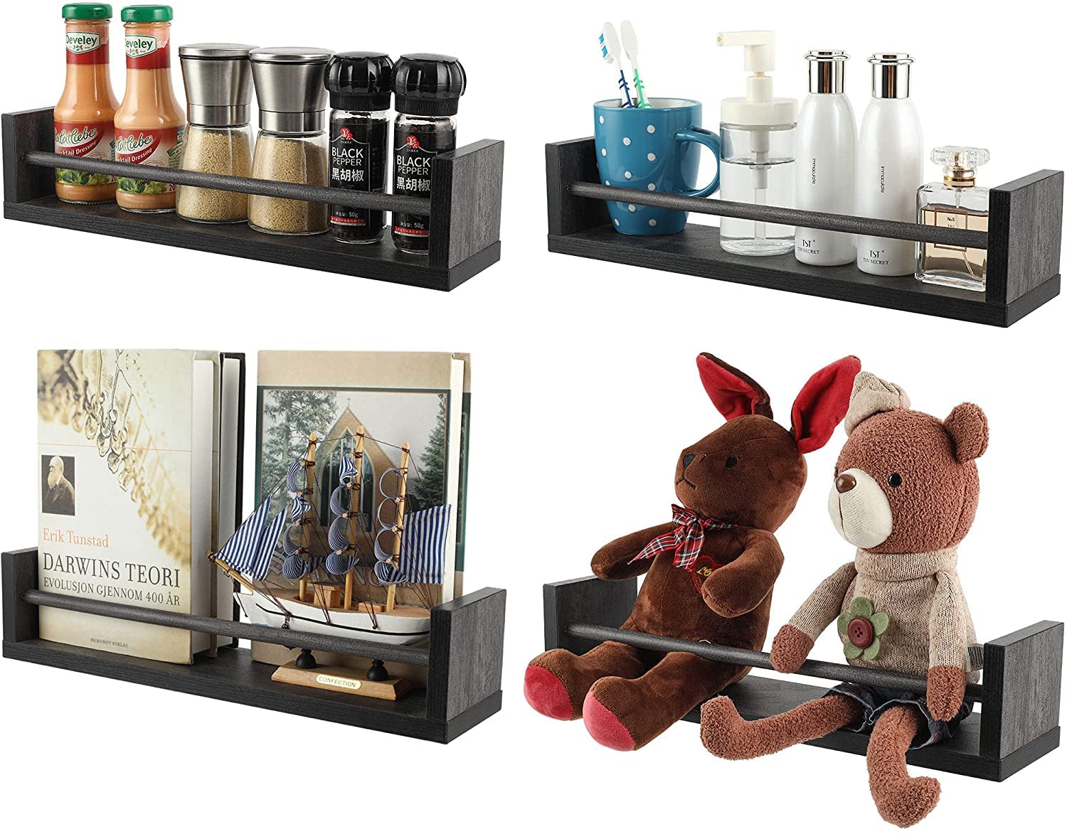 EasyPAG Pack of 4 Wood Nursery Versatile Floating Shelves,Wall Mounted Spice Rack,Book Organiser,Decoration Holder,Display Shelf for Bedroom,Living Room,Bathroom,Dark Grey