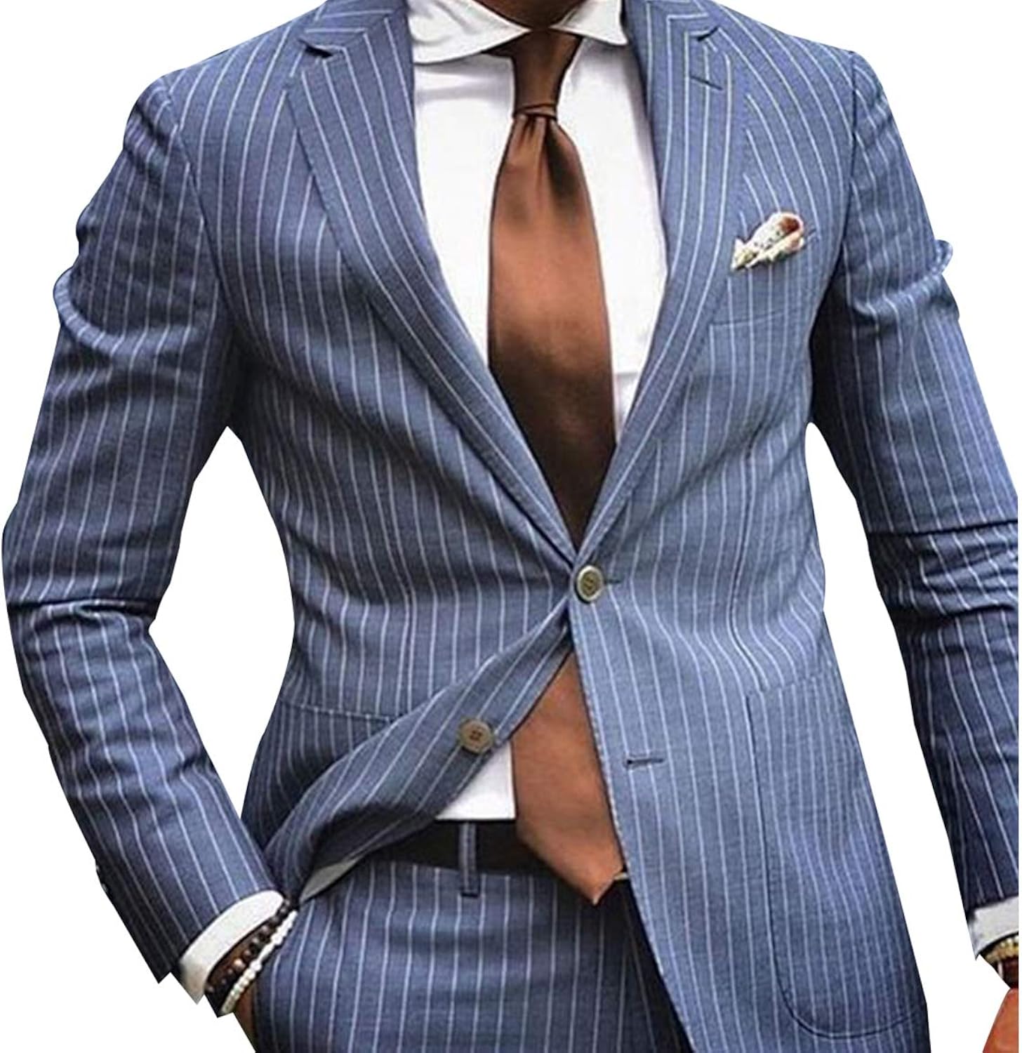 QZI Men's Stripe Two Piece Two Button Slim Fit Suit Wedding Blue
