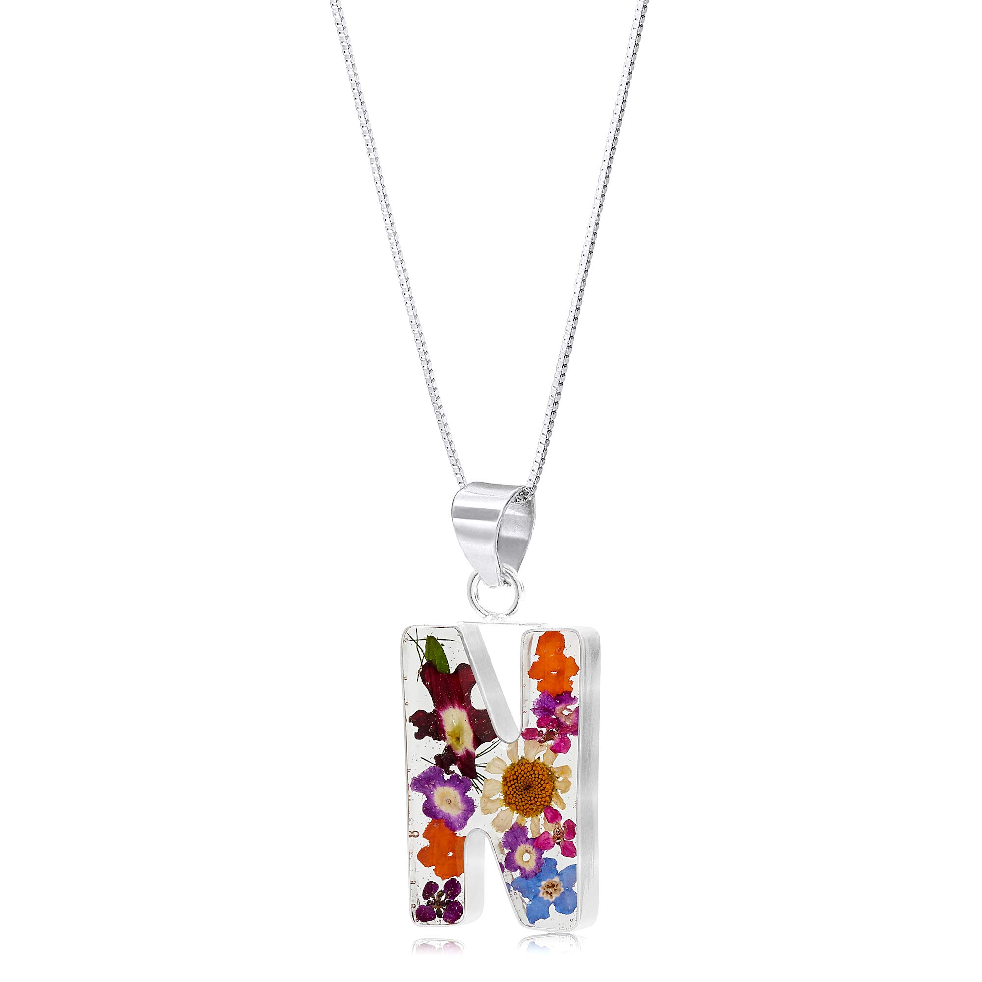 Shrieking Violet 925 Sterling Silver Letter Real Flower Initial Pendant Necklace - Assorted Flowers (Multicolour)