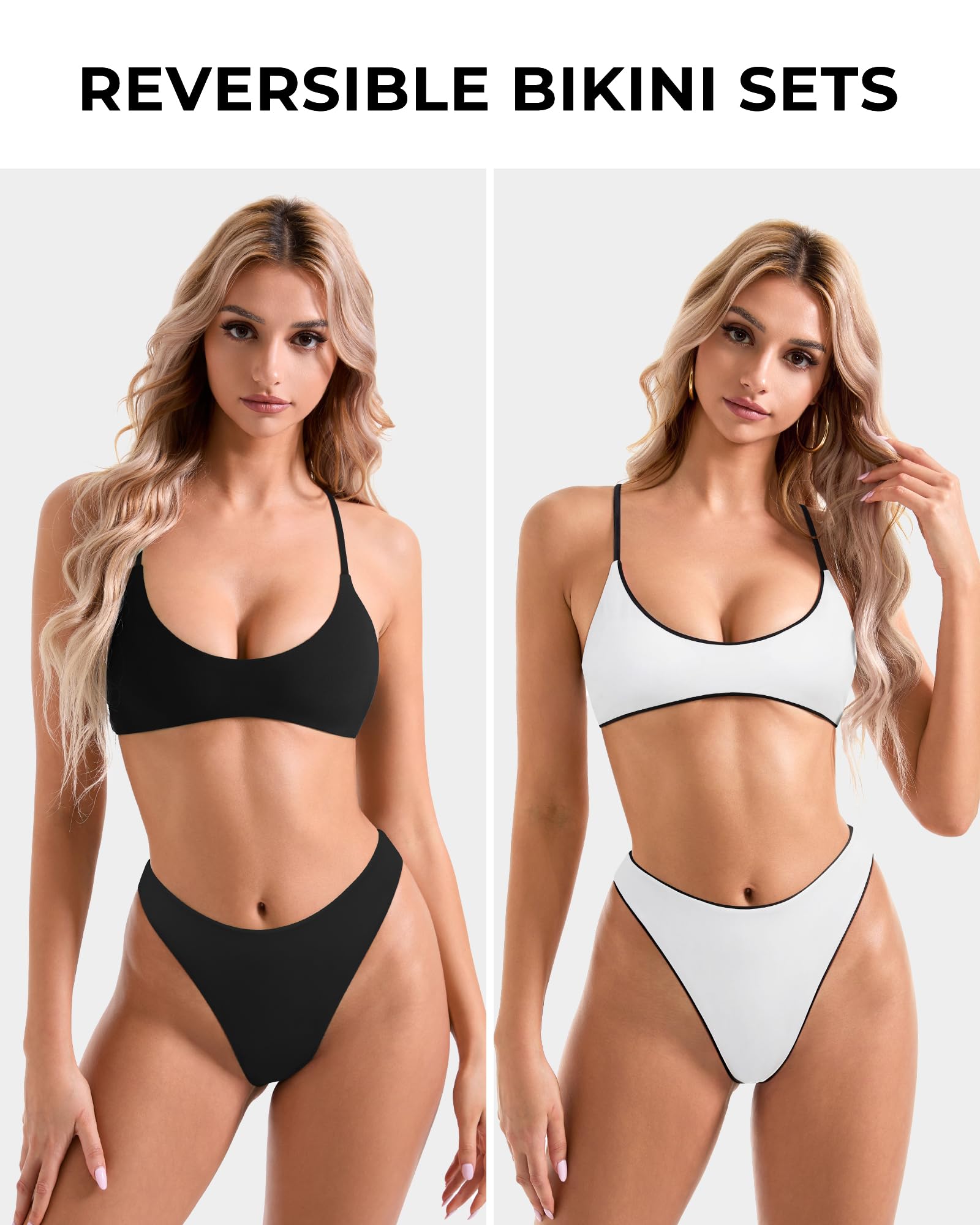 SUUKSESS Women Sexy High Waisted Thong Bikini Sets Reversible String Two Piece Swimsuits Push Up Bathing Suit(Black White,M) - Image 2