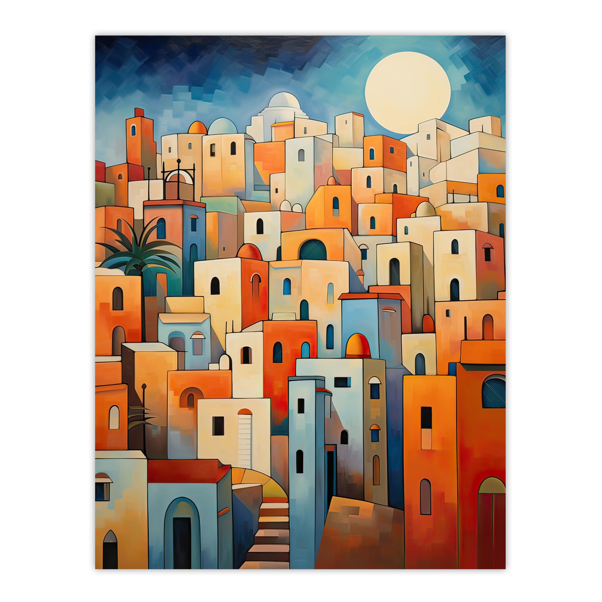 Artery8 Abstract Morocco Cityscape in Orange and Blue Extra Large XL Wall Art Poster Print