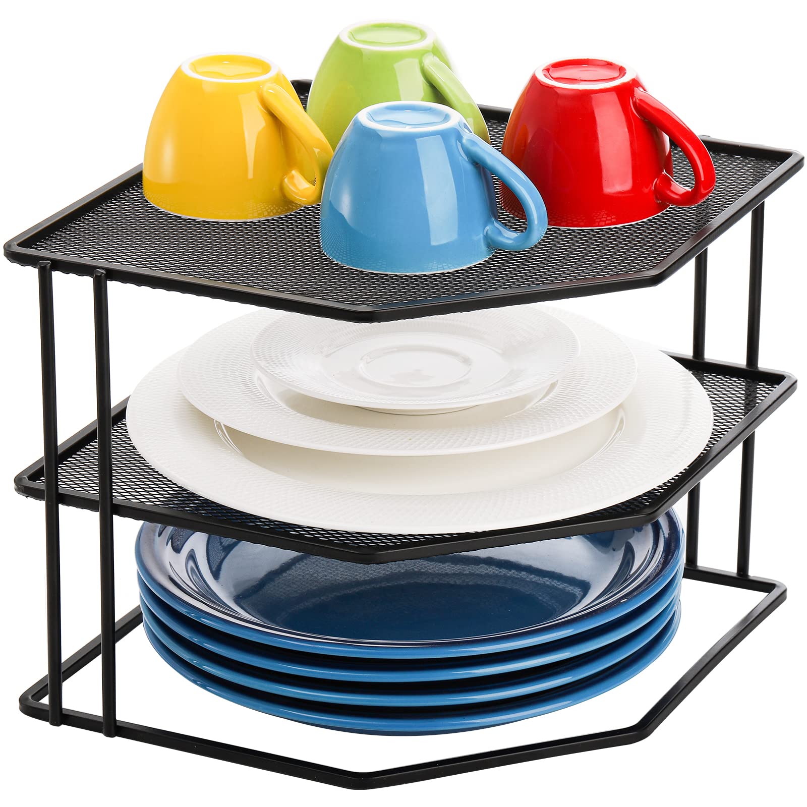 yarlung 3-Tier Cabinet Corner Shelf, 9x9x7.5 Inches/22.9x22.9x19.1cm Metal Wire Plate Rack Kitchen Counter Corner Organizer for Cups, Dishes, Cupboard, Pantry, Black Elegant Finish
