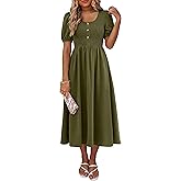 ANRABESS Women Summer Casual Puff Short Sleeve Square Neck Smocked Button Up High Waist Flowy Vacation Midi Dresses & Pockets