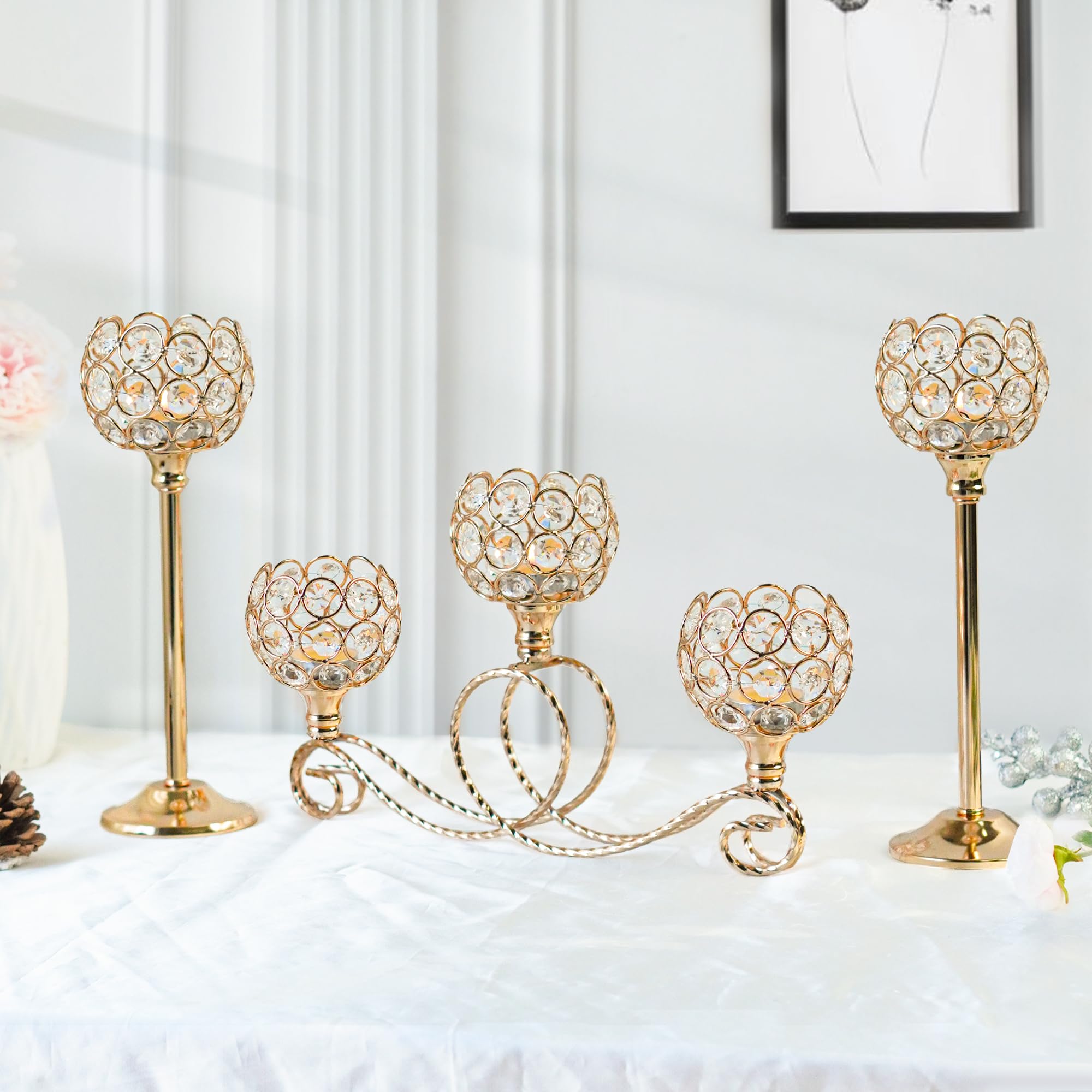 Photo 1 of ***SELLING FOR PARTS, FINAL SALE***kolnlala Gold 5 Arm Metal Crystal Tea Light Candle Holder, Elegant Wedding Table Centerpiece, Christmas Wishing Bowl Candle Holder***SELLING FOR PARTS, FINAL SALE***