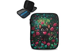 Hechitok Black Cat Heart Rose Crochet Hook Case Zipper Storage Organizer Bag with Pockets for Various Crochet Needles/Knitting Accessories/Crochet Hook Kit Tools