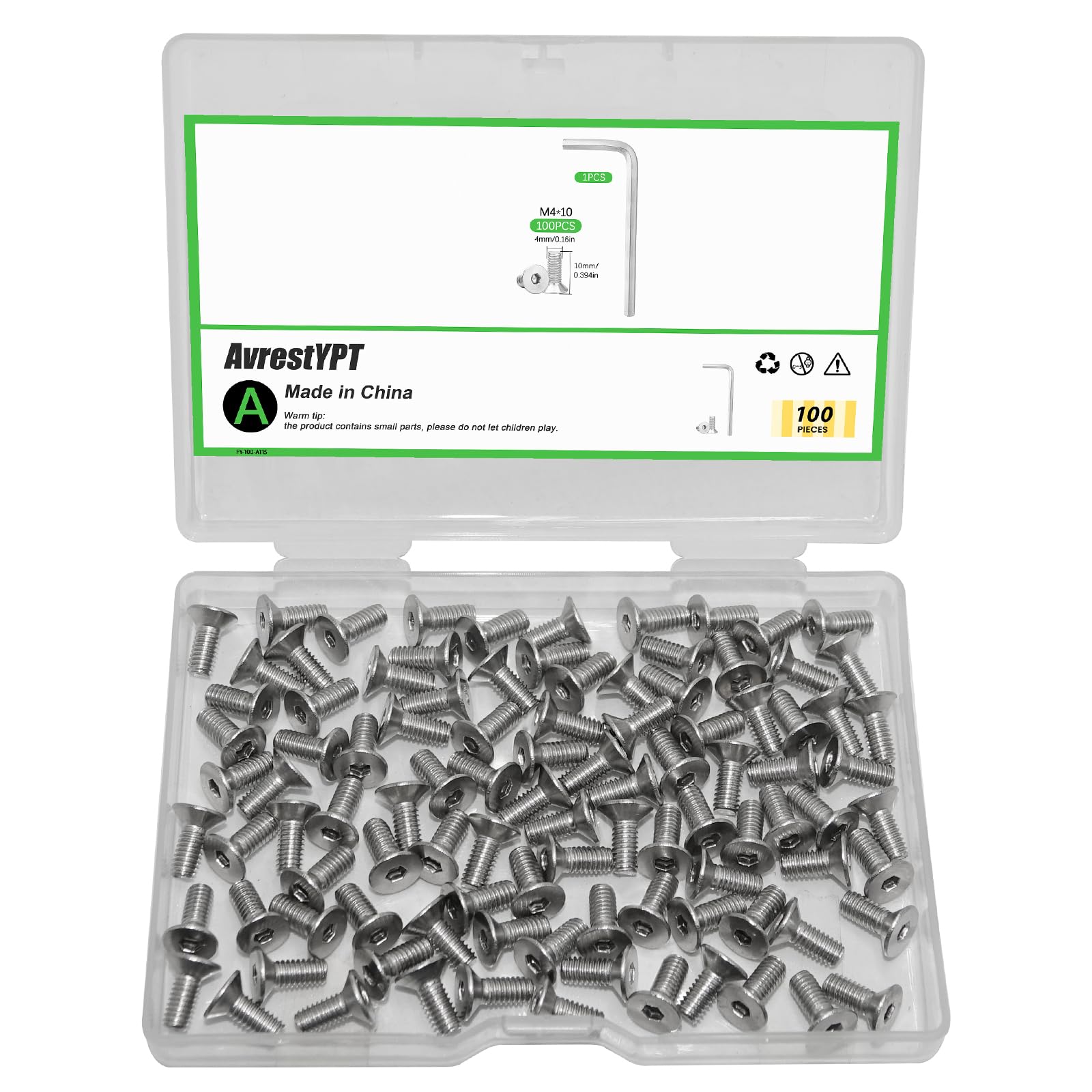 Photo 1 of 100Pcs M4x10mm Stainless Steel Flat Head Socket Cap Screws, Full Thread Allen Drive Countersunk Bolts, Bright Finish, Ideal for DIY & Home Repair