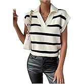 Milumia Women's Striped Print Sweater Vest Sleeveless Collared Cap Sleeve Ribbed Fall Knit Tops