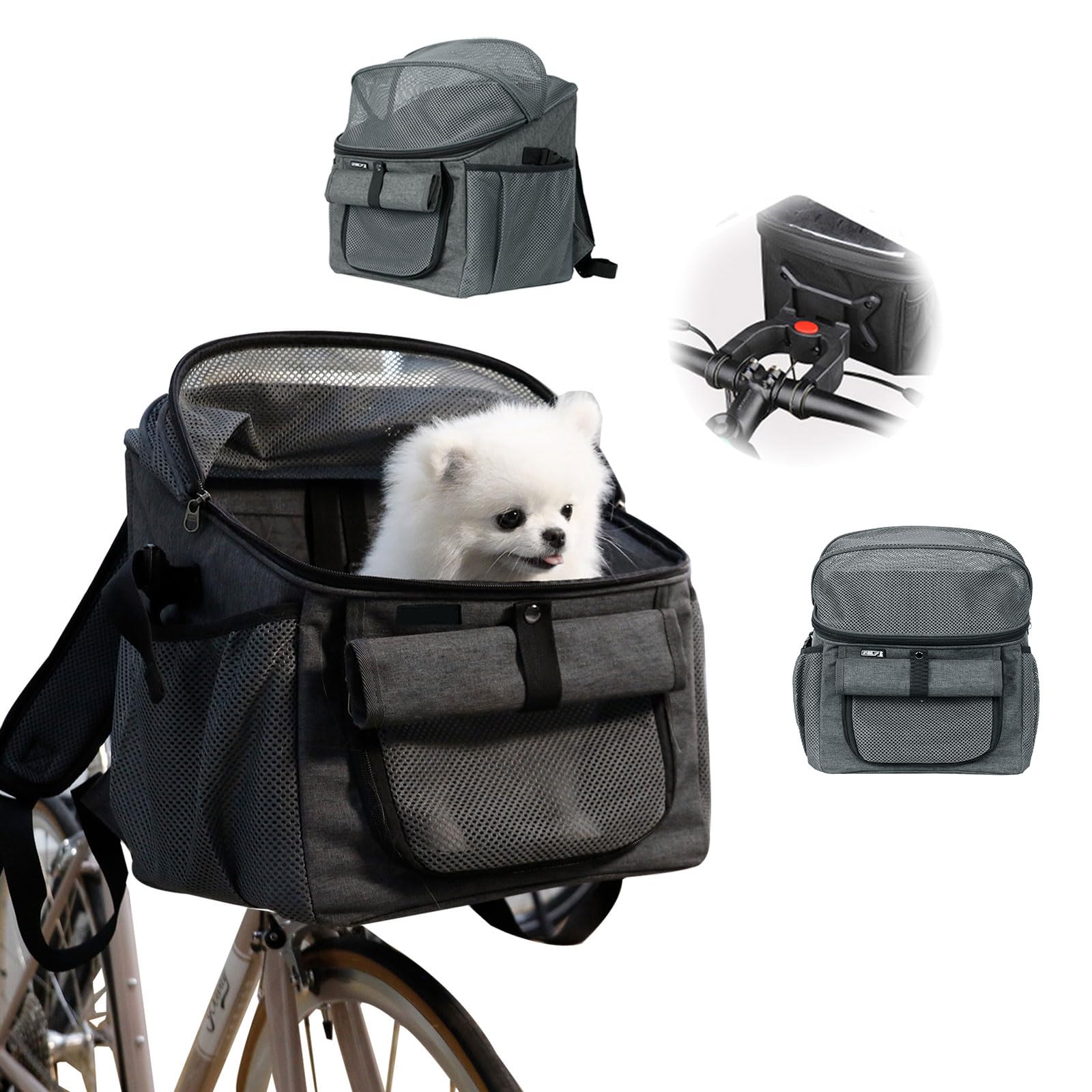 Dechoga Dog Bike Basket, Foldable Dog Carrier, Dog Basket for Bike Detachable Front Bicycle with Adjustable Straps, Breathable Mesh and Handlebar Adapter for Small and Medium-Sized Dogs and Cats