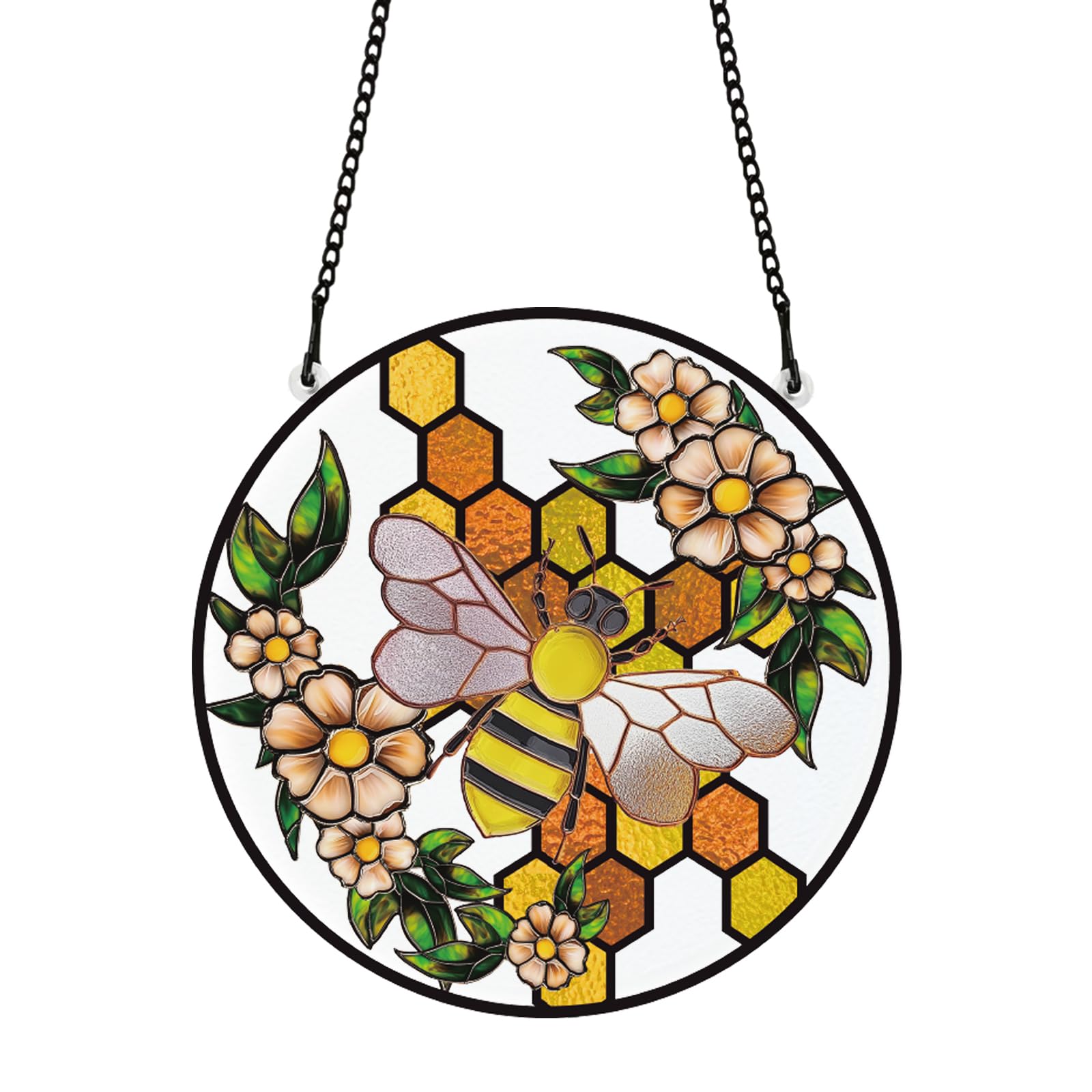 PLIGREAT Bee Stained Glass Suncatcher, Bee On Honeycomb Window Wall Hanging Colorful Bee Window Hanging Ornament for Living Room Bedroom Playroom Window Decoration Christmas Wall Decor Memorial Gifts