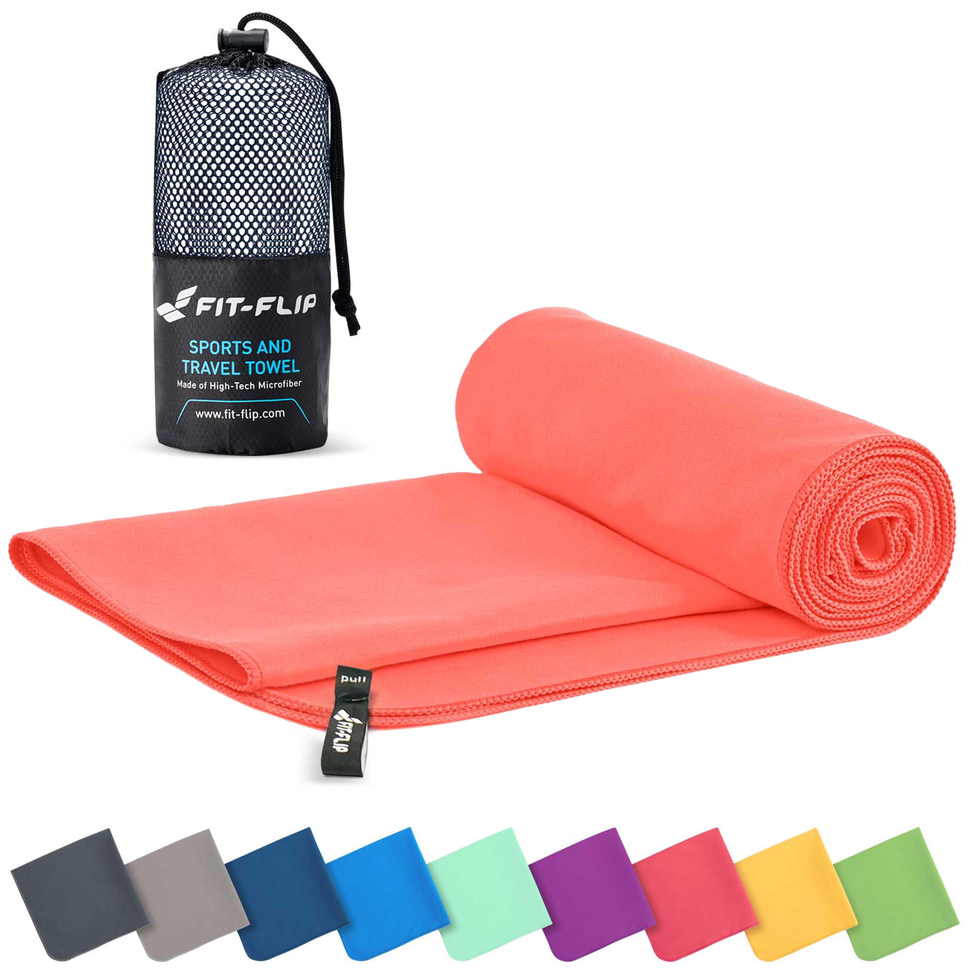 Fit-Flip Microfibre towel - compact, ultra lightweight & quick dry - perfect for gym, travel & beach - swimming towels for sports, camping & hiking (50x100cm peach + bag)
