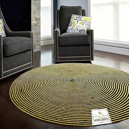 Avioni Dyed Jute Yellow Designer Round Rug-Carpet for Living Room-122 cm (~ 4 feet) Diameter