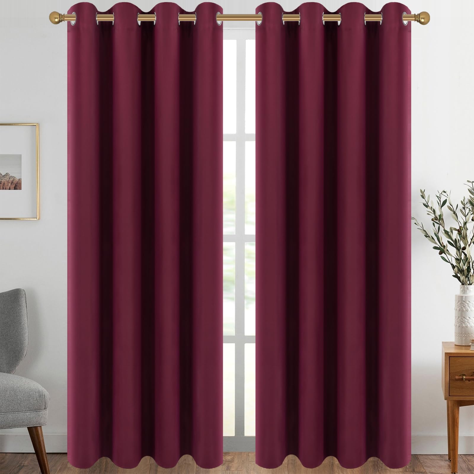 Diraysid Burgundy Red Grommet Blackout Curtains for Bedroom Thermal Insulated Room Darkening Curtains Drapes, 52 x 84, 2 Panels Image