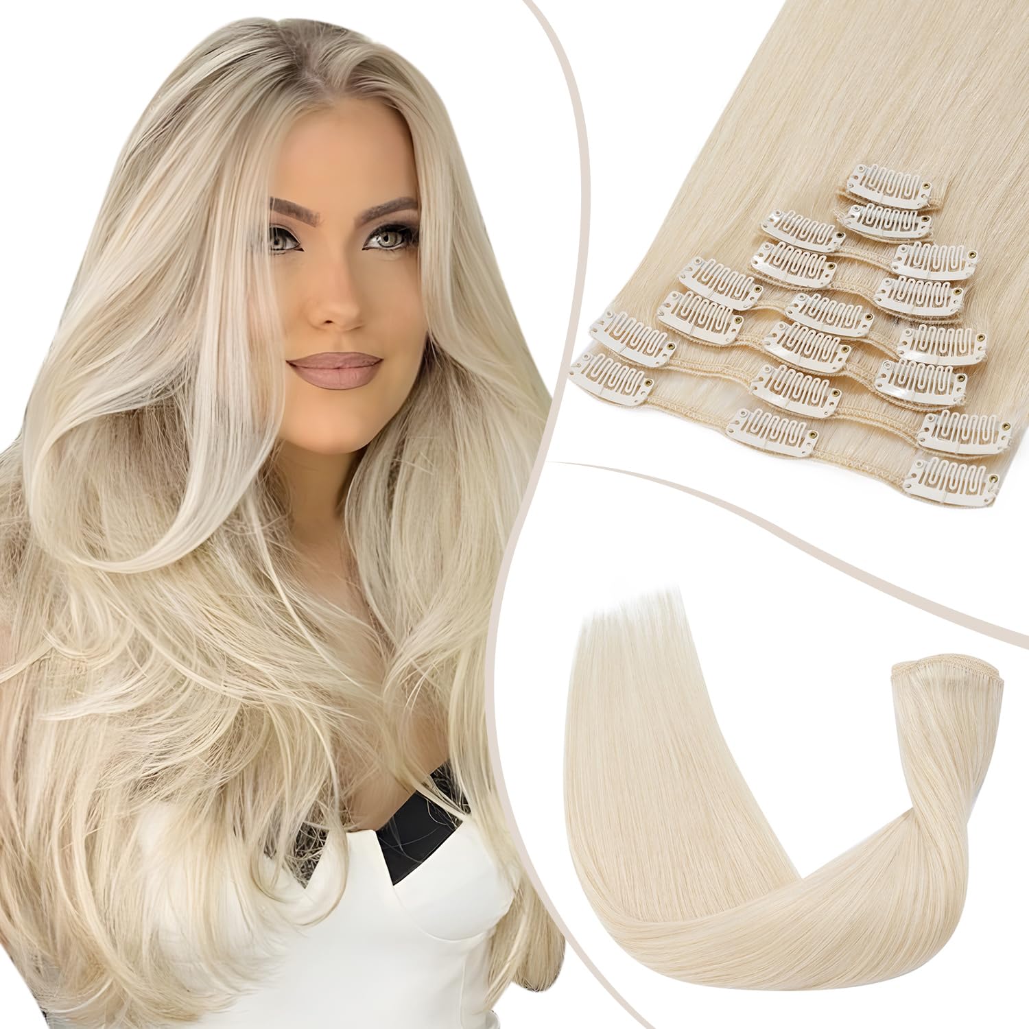 TESS Clip in Hair Extensions Real Human Hair Blonde Remy Seamless 8 Pieces Straight Short for Women/Girls (#70 Ultra Platinum Blonde, 08 Inch 45g) — image 1