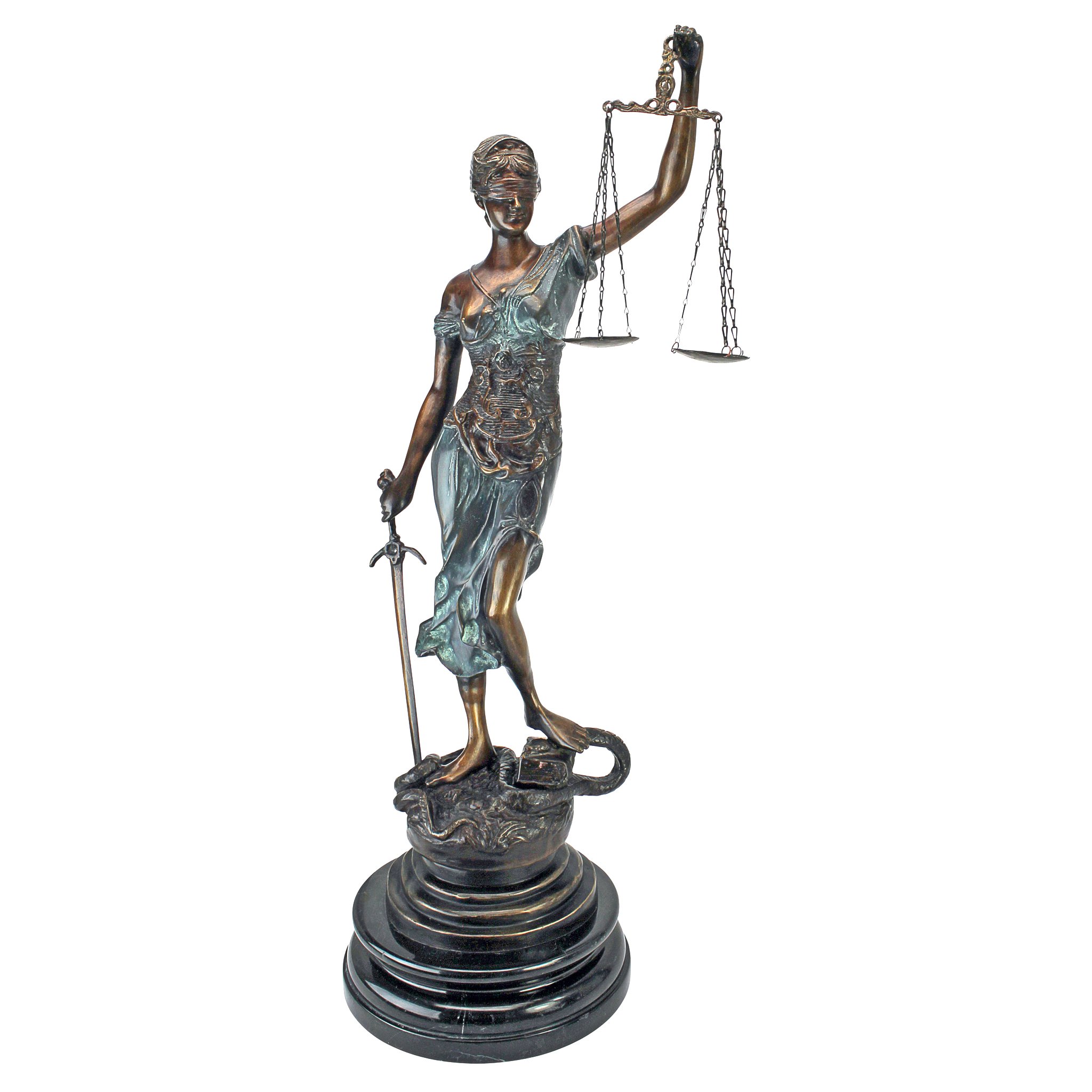 Design ToscanoAA5020 Themis, Blind Justice: Tabletop Cast Statue, Two Tone Bronze & Verdigris