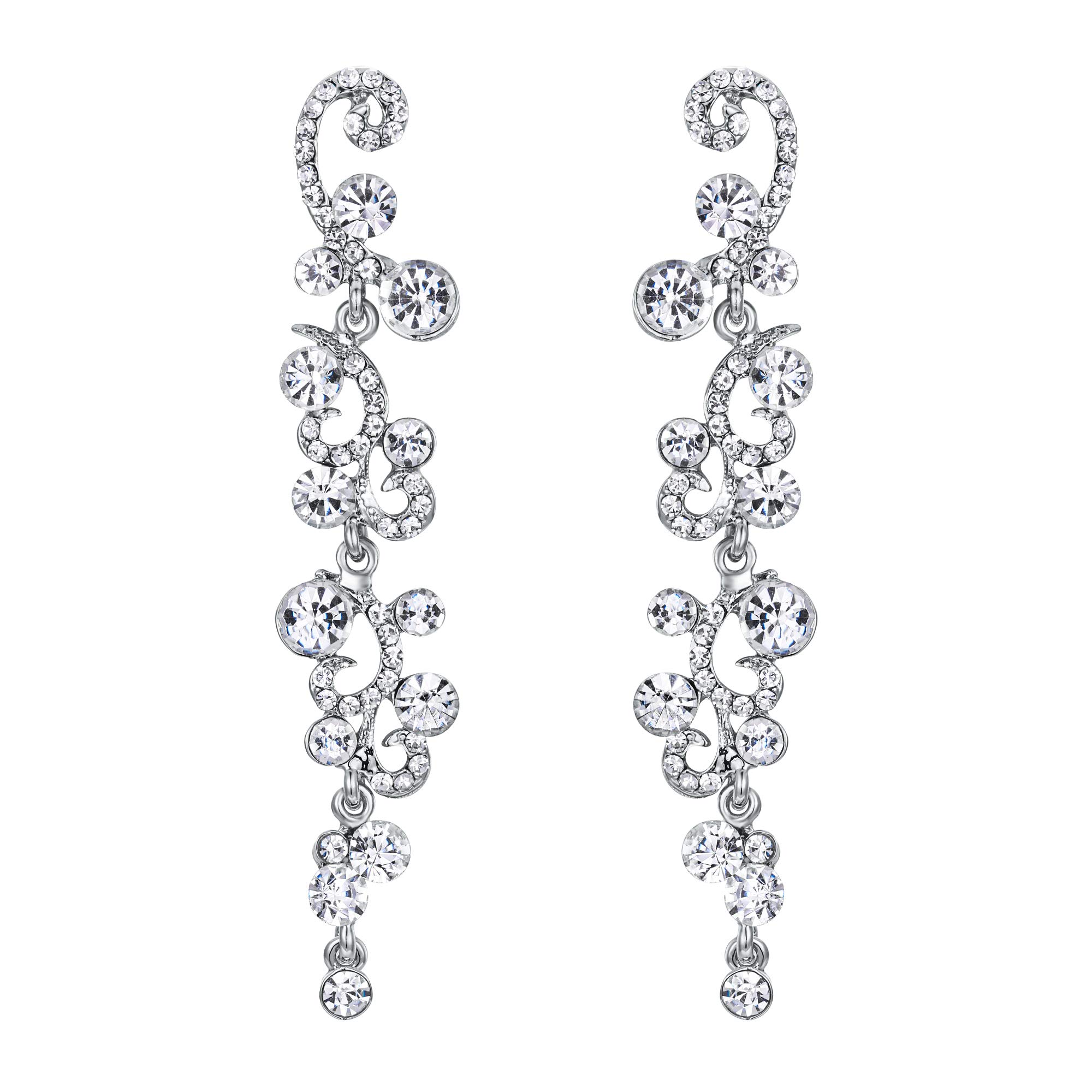 EVER FAITH Brides Earrings for Women Dangling, Sparkly Rhinestone Crystal Vintage Floral Vine Long Drop Dangle Earrings Wedding Party Jewellery Clear Silver-Tone — image 1