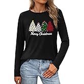 Christmas T-Shirt for Women Long Sleeve Round Neck Xmas Holiday Shirts Casual Basic Tunic Tops
