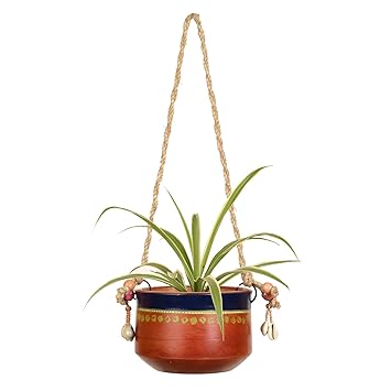 Blue-Brown Earthen Planter with Jute Hanger ( Pot-5x5x3.5) H-14